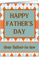 For Father in Law Father’s Day with Argyle Design in Orange and Blue card