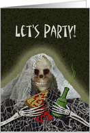 Halloween Party Invitation with Skeleton Ghoul with Pizza card