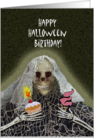 Halloween Birthday with Skeleton Ghoul Holding Cupcake and Cone card