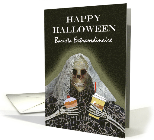 Halloween for Barista with Ghoul Holding Muffin and Coffee card