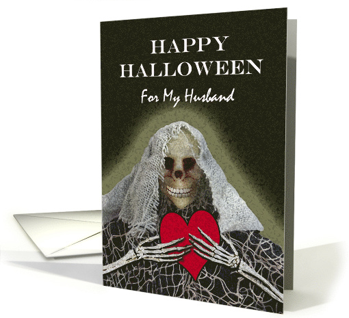 Halloween for Husband with Skeleton Ghoul Holding Big Red Heart card