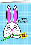 Cute Easter, Bunny with Flower Between Its Teeth, Blue Plaid card