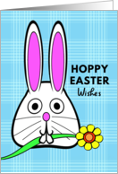 Cute Easter Bunny with Flower Between Its Teeth and Blue Plaid card