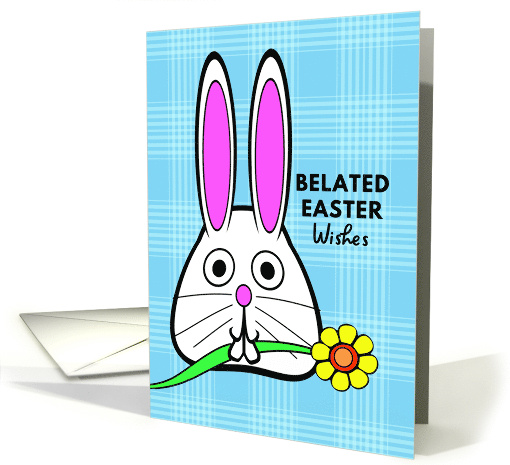 Belated Easter Wishes with Bunny Holding a Flower in Its Mouth card