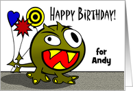 For Andy Birthday Name Specific with Monster and Balloons card