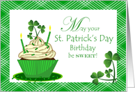 St. Patrick’s Day Birthday Cupcake with Shamrocks and Plaid card