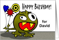 For David Birthday Grinning Monster with Fangs and Balloons card