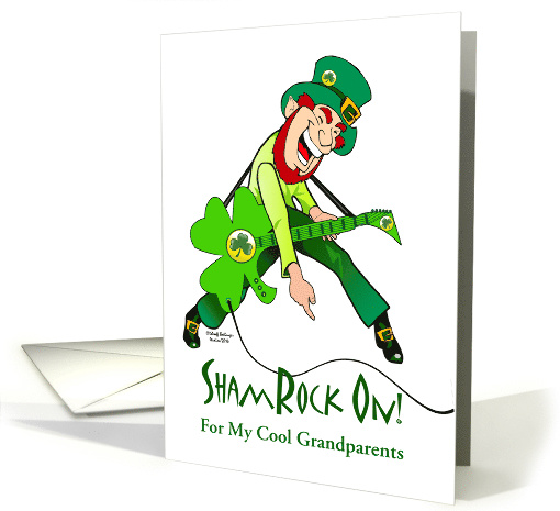 Grandparents St Patrick's Day with Leprechaun on Electric Guitar card