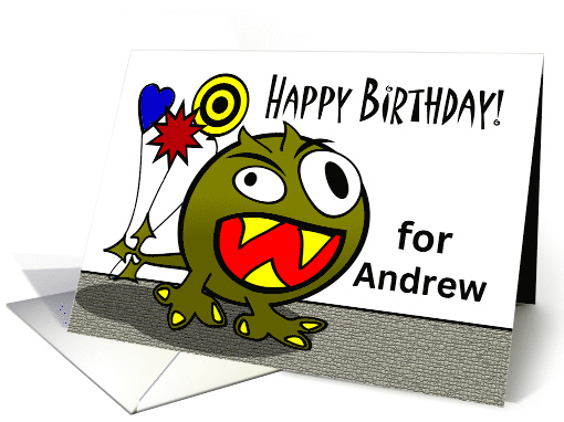 Birthday for Andrew with Wacky Monster and Balloons card (1270664)