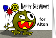 Birthday for Alton with Wacky Monster and Balloons card