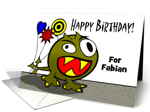 For Fabian Birthday Add a Name with Toothy Monster and Balloons card