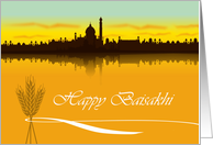 Happy Baisakhi, City in India Silhouette with Wheat and Ribbon card