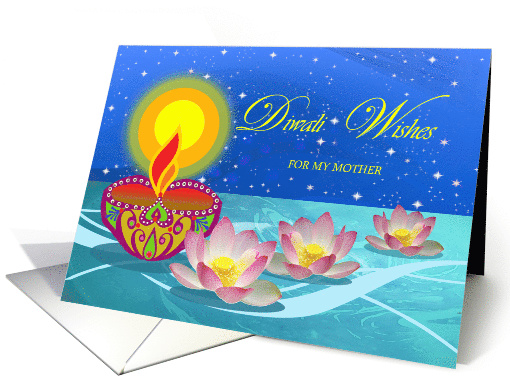 Diwali for My Mother with Diya Lamp and Lotus Flowers on Water card