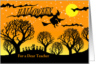 For Teacher Halloween Custom Front Text with Witch and Cat Class card