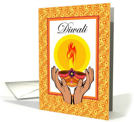 Diwali Hands Holding a Diya with Flame and Paisley Pattern card