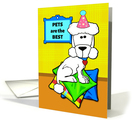 From Pet Birthday with Cute Standard Poodle on Colorful Pillows card