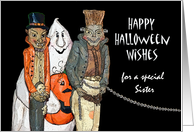 Sister Halloween Wishes with Ghost and Friends card