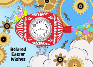 Belated Easter Custom Front with Steampunk Bunny and Egg Machine