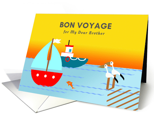 Brother Bon Voyage with Pelicans Watching Boats at Sunset card