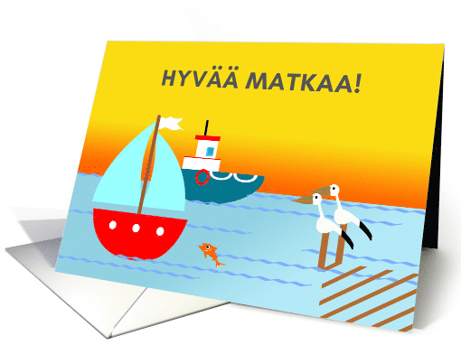 Finnish Bon Voyage Hyvaa Matkaa with Pelicans Watching Boats card