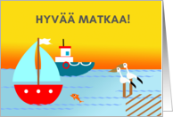 Finnish Bon Voyage Hyvaa Matkaa with Pelicans Watching Boats card