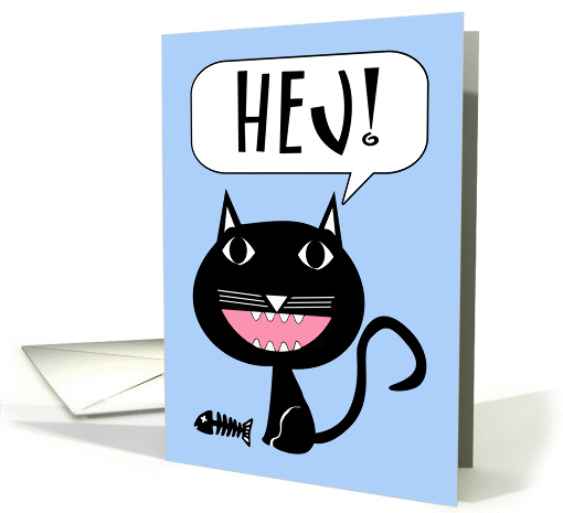 Hej! Hello in Swedish, Black Cat with Fish Bones Illustration card