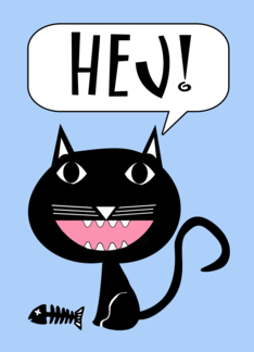 Hej! Hello in Swedish, Black Cat with Fish Bones Illustration