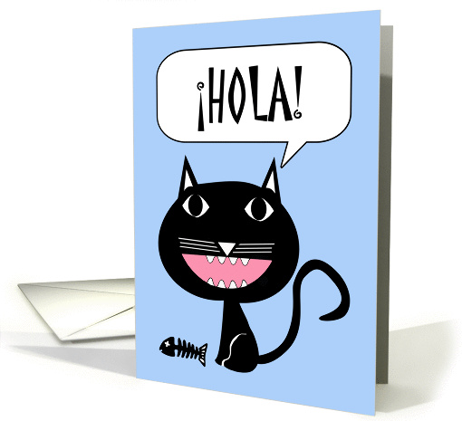 Hola! Hello in Spanish, Black Cat with Fish Bones Illustration card