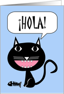 Hola! Hello in Spanish, Black Cat with Fish Bones Illustration card