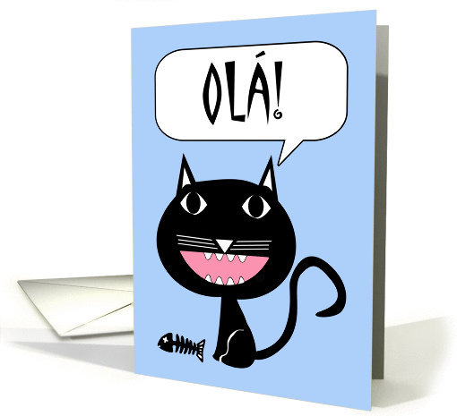 Ola! Hello in Portuguese, Black Cat with Fish Bones Illustration card