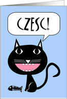 Czesc! Hello in Polish, Black Cat with Fish Bones Illustration card