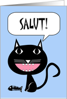 Salut Hello in French with Black Cat and Fish Bones card