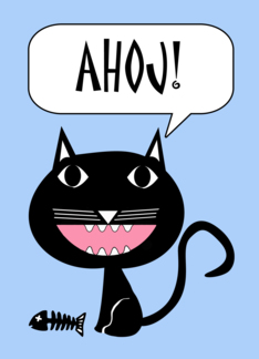Ahoj! Hello in Czech, Black Cat with Fish Bones