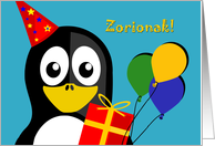 Basque Birthday Zorionak Penguin with Balloons and Present card