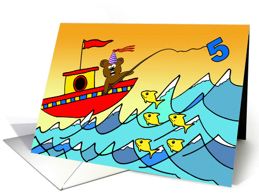 5th Birthday for Child, Bear Fishing, Five Yellow Fish card (1395744)