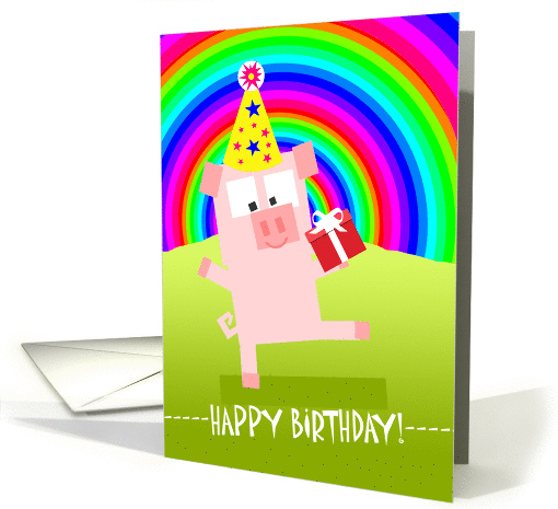 Happy Birthday, Cute Pig with Party Hat and Gift, Rainbow Sky card