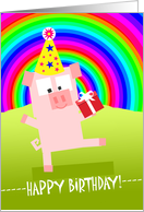 Happy Birthday, Cute Pig with Party Hat and Gift, Rainbow Sky card