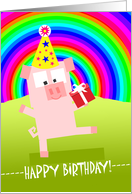 Over the Hill and Rainbow Birthday, Cute Pig with Party Hat and Gift card