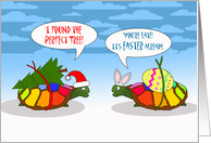 Funny Belated Christmas Turtles with Christmas Tree and Easter Egg card