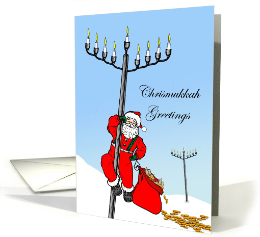 Chrismukkah Santa with Menorahs and Dreidels and Gelt in the Snow card