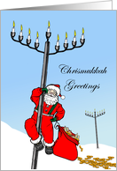 Chrismukkah Santa with Menorahs and Dreidels and Gelt in the Snow card