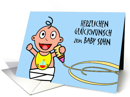 Congratulations on Baby Son in German with Baby Boy and Bottle card