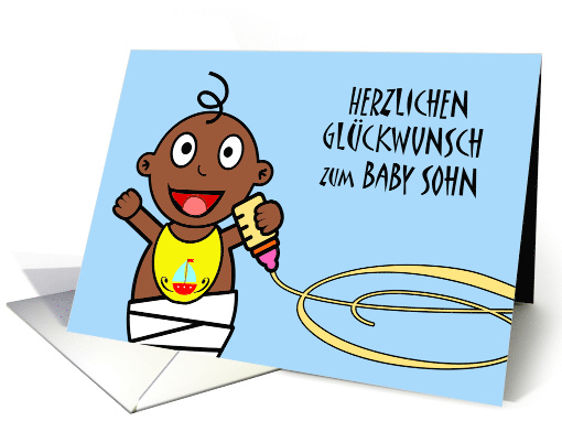 Congratulations on Baby Son in German with Dark Skinned Boy card