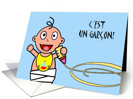 Congratulations in French on Birth of Son, Baby Boy with Bottle card