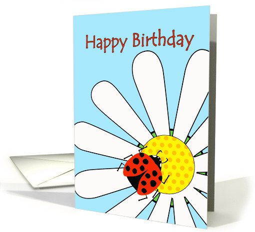 Happy Birthday with Ladybug Insect on White Daisy Flower card