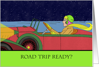 Road Trip Ready with Woman Driving Retro Car at Night card