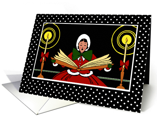 Happy Holidays, Girl Singing from Large Songbook, Polka Dot Snow card
