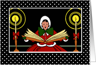 Happy Holidays, Girl Singing from Large Songbook, Polka Dot Snow card
