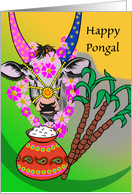 Happy Pongal, Rice Dish, Sugar Cane, and Decorated Cow card