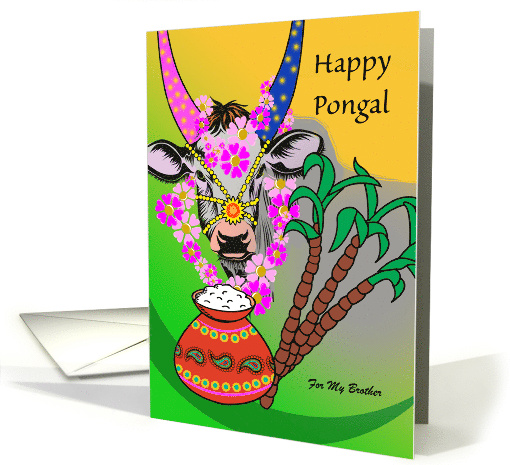 Custom Front, Pongal for Brother, Add Your Text, Decorated Cow card